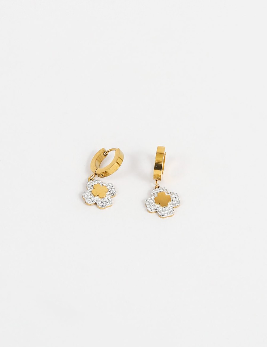 Femmes Strass Bijoux En Plaque Or | Boucles D'Oreilles Fleur De Trefles